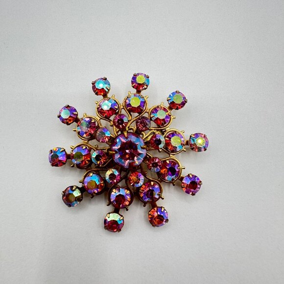 Vintage Starburst Aurora Borealis Pink Rhinestones Pin Brooch - Picture 1 of 5